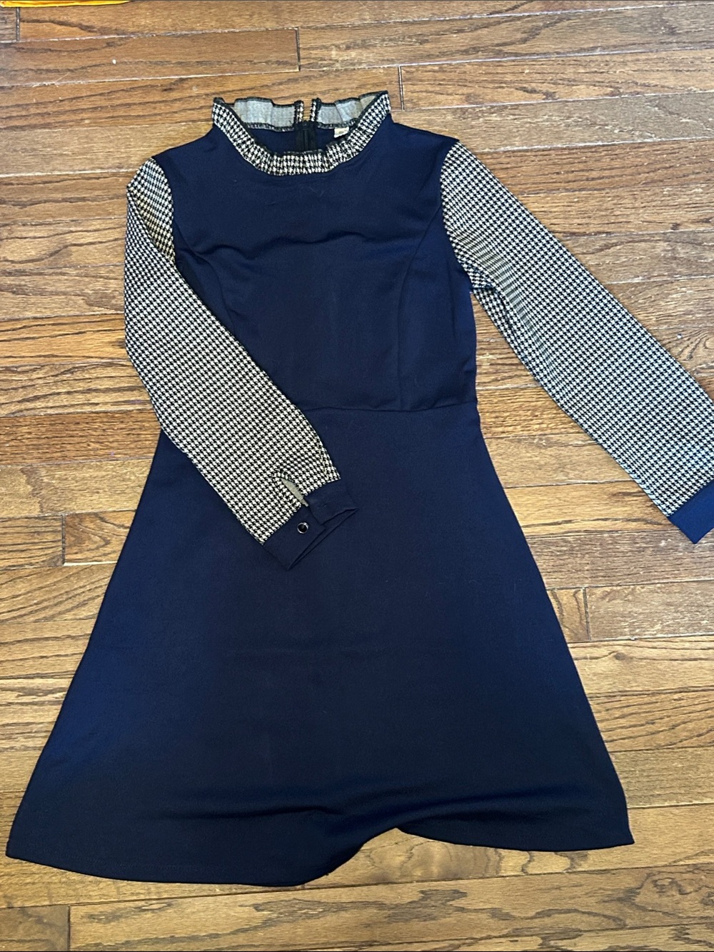 Navy A-Line Dress with Houndstooth Sleeves
